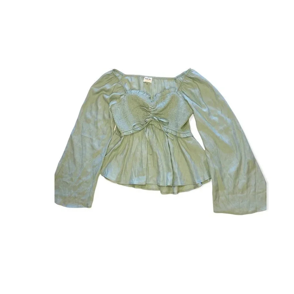 Peach Love CA Off the Shoulder Wide Sleeved Smocked Ruffle Pleated Top Green S